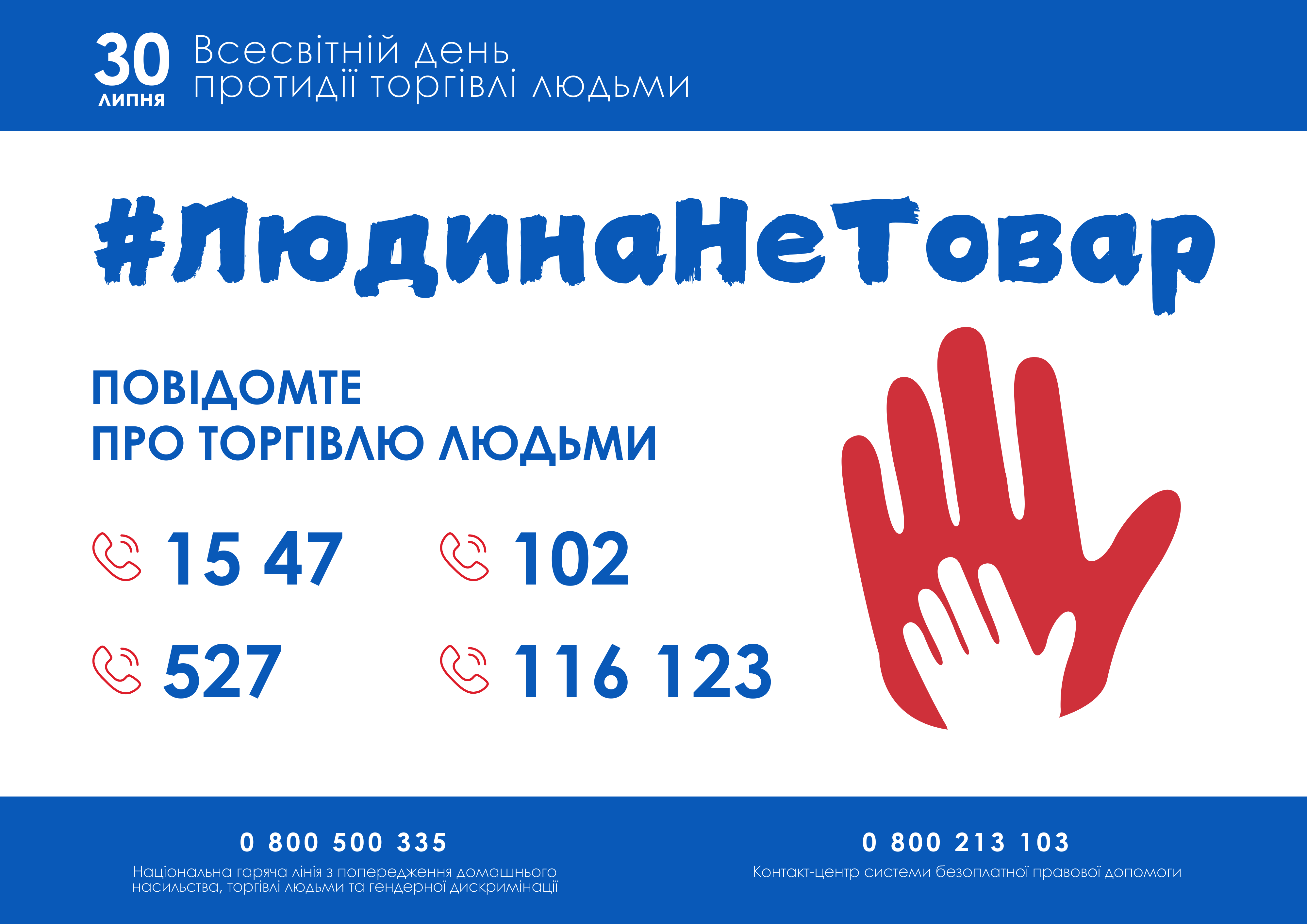 На рисунку зображено велику долонь червоного кольору до якої доторкається біла долонь маленького кольору. Також на рисунку додається наступний текст: “30 липня Всесвітній день протидії торгівлі людьми. #ЛюдинаНеТовар. Повідомте про торгівлю людьми. Телефони: 102, 116, 123, 527 та 1547. Національна гаряча лінія з попередження домашнього насильства, торгівлі людьми та гендерної дискримінації – 0 800 500 335. Контакт-центр системи безоплатної правової допомоги – 0 800 213 103.”